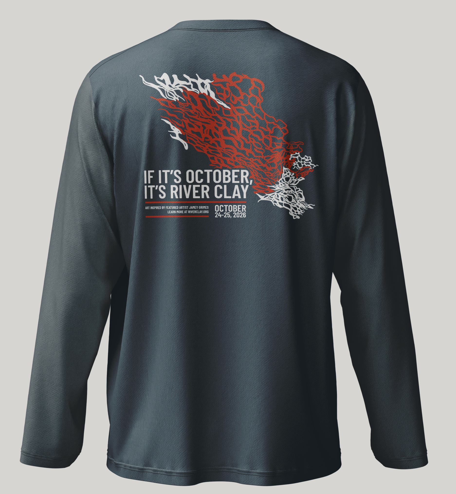 Back of the blue River Clay 2026 long-sleeve festival shirt