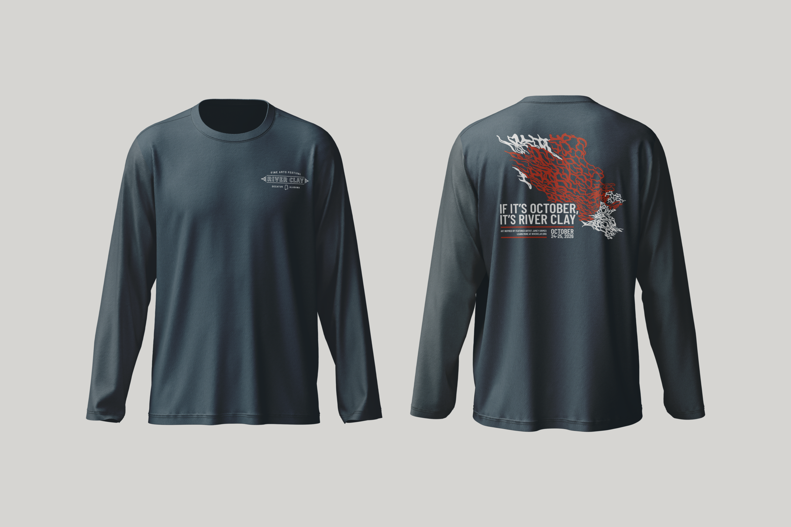 Front and back of the blue River Clay 2026 long-sleeve festival shirt