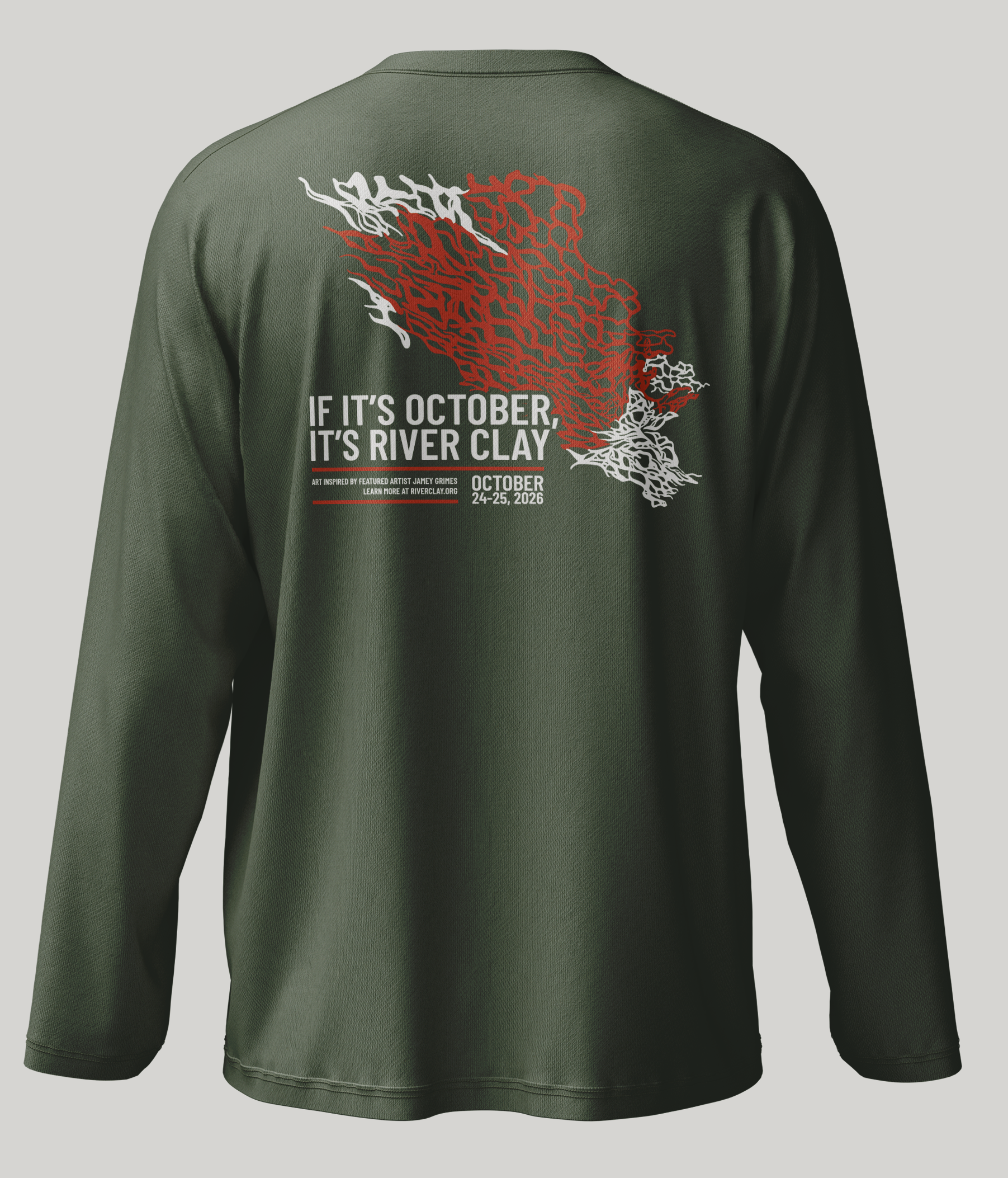 Back of the green River Clay 2026 long-sleeve festival shirt