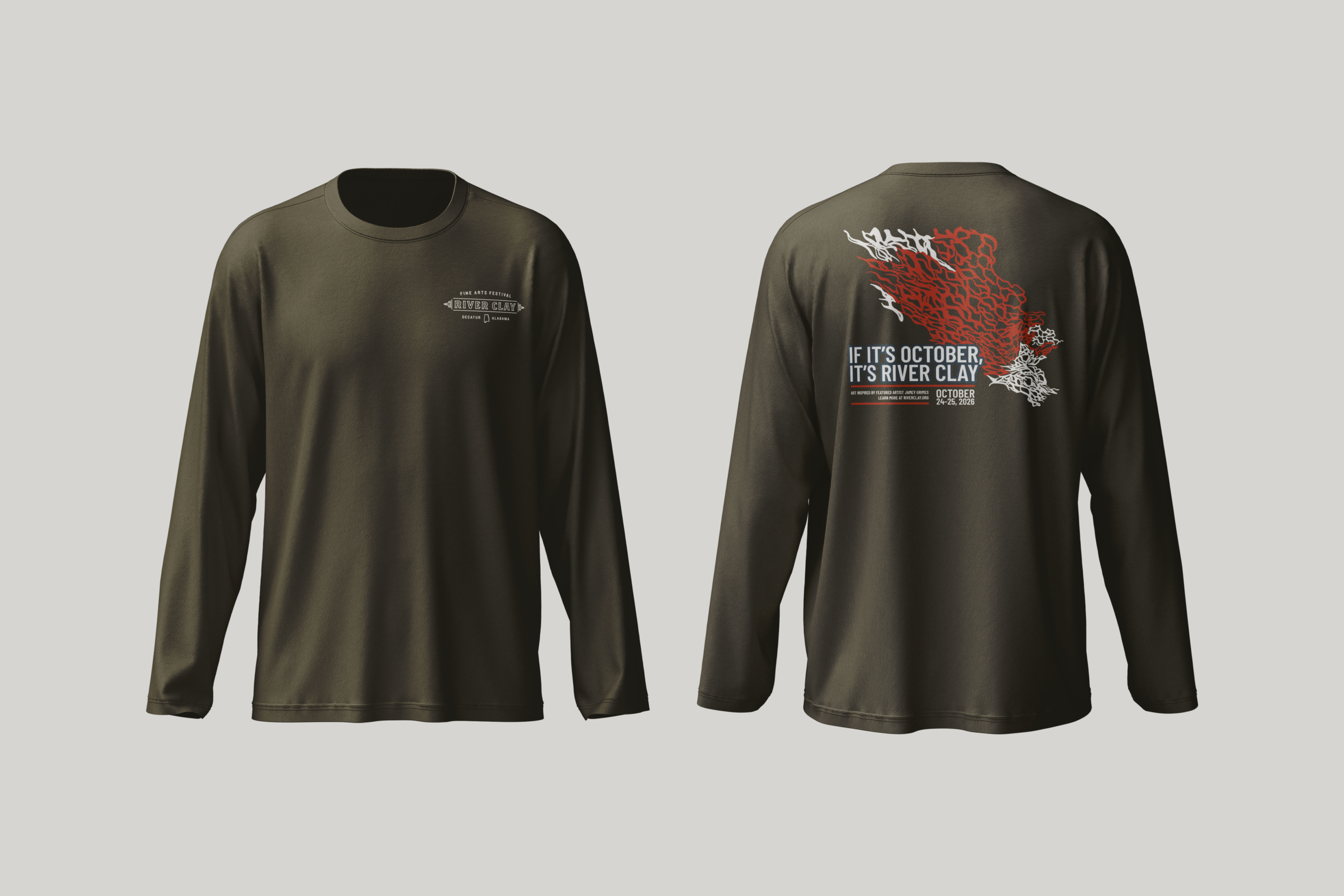 Front and back of the olive green River Clay 2026 long-sleeve festival shirt