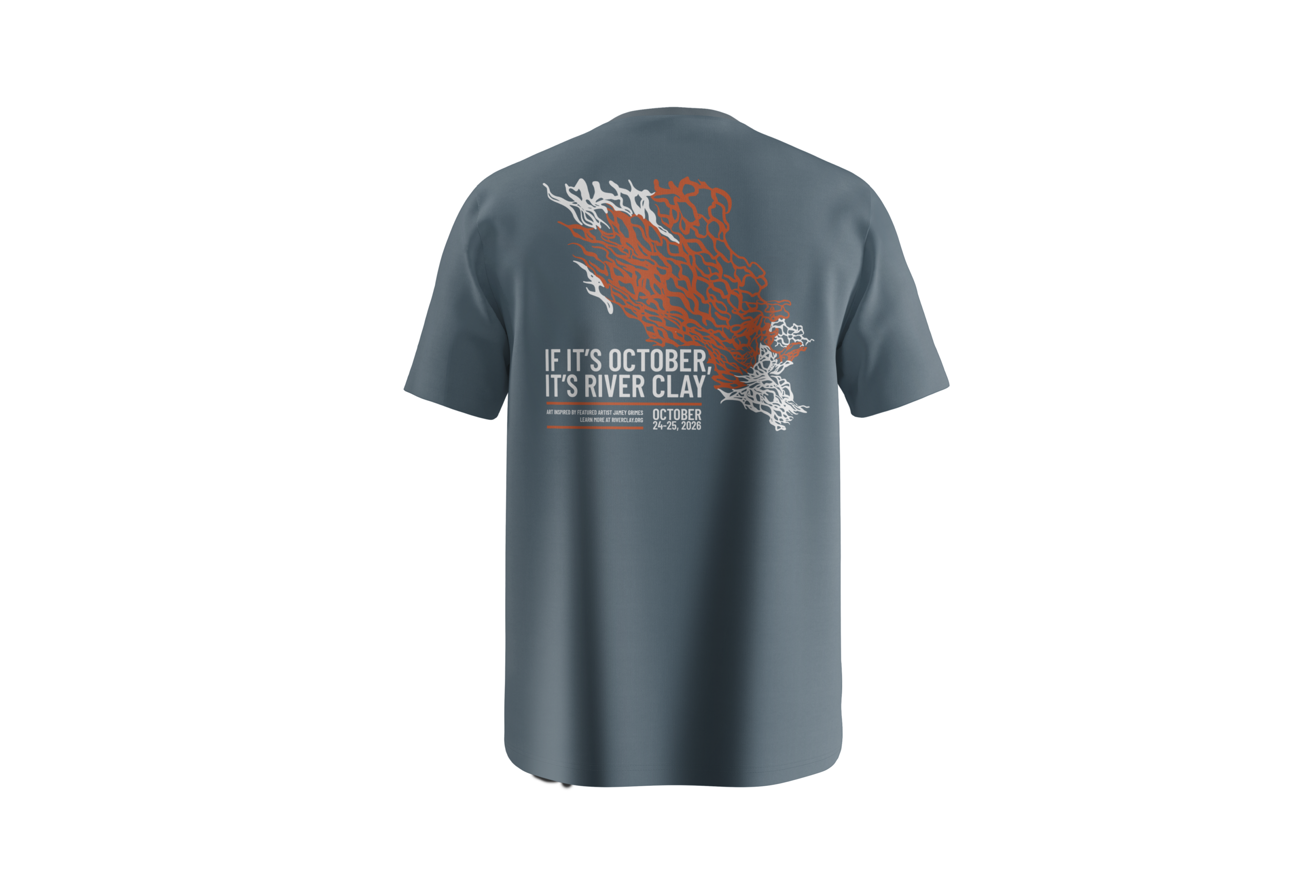 Back of the blue-gray River Clay 2026 short-sleeve festival shirt